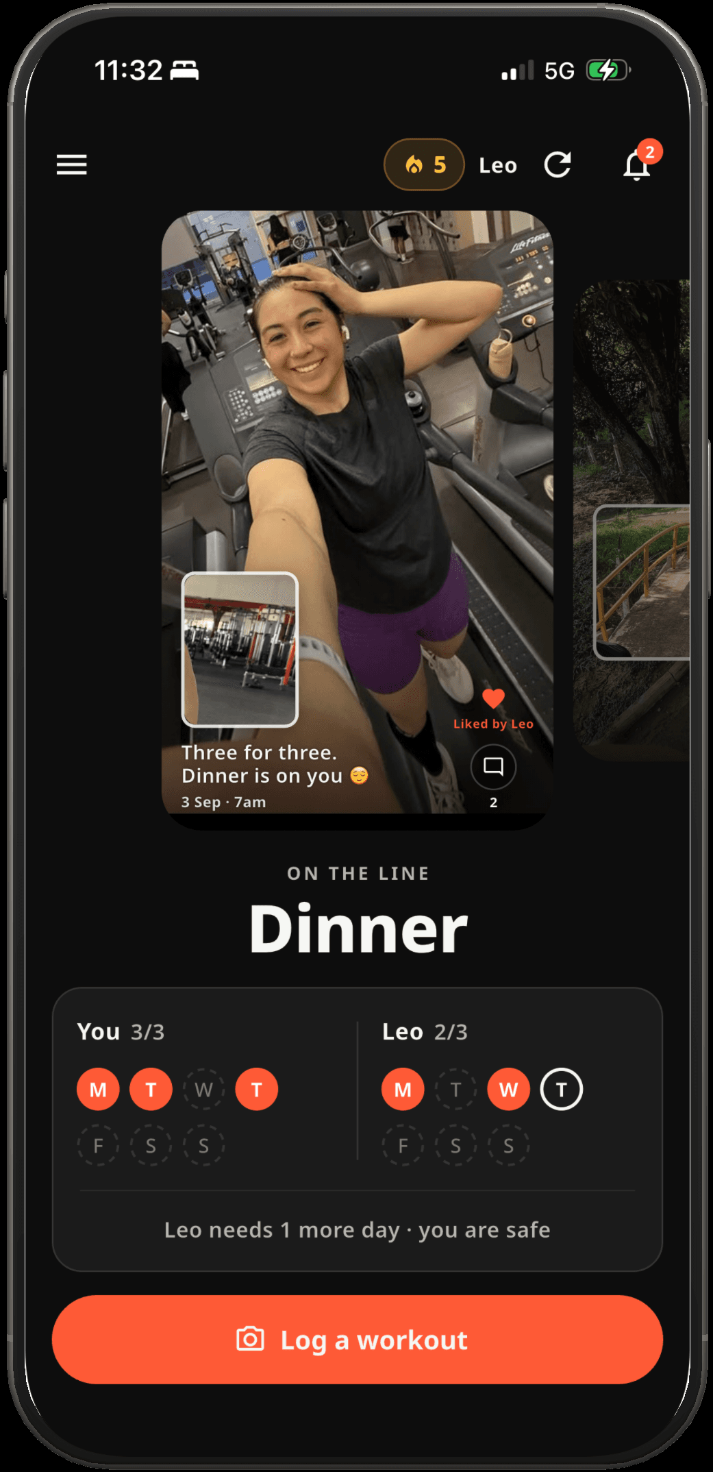 SweatHearts home screen: a partner's workout photo, the dinner on the line, and both partners' weeks side by side