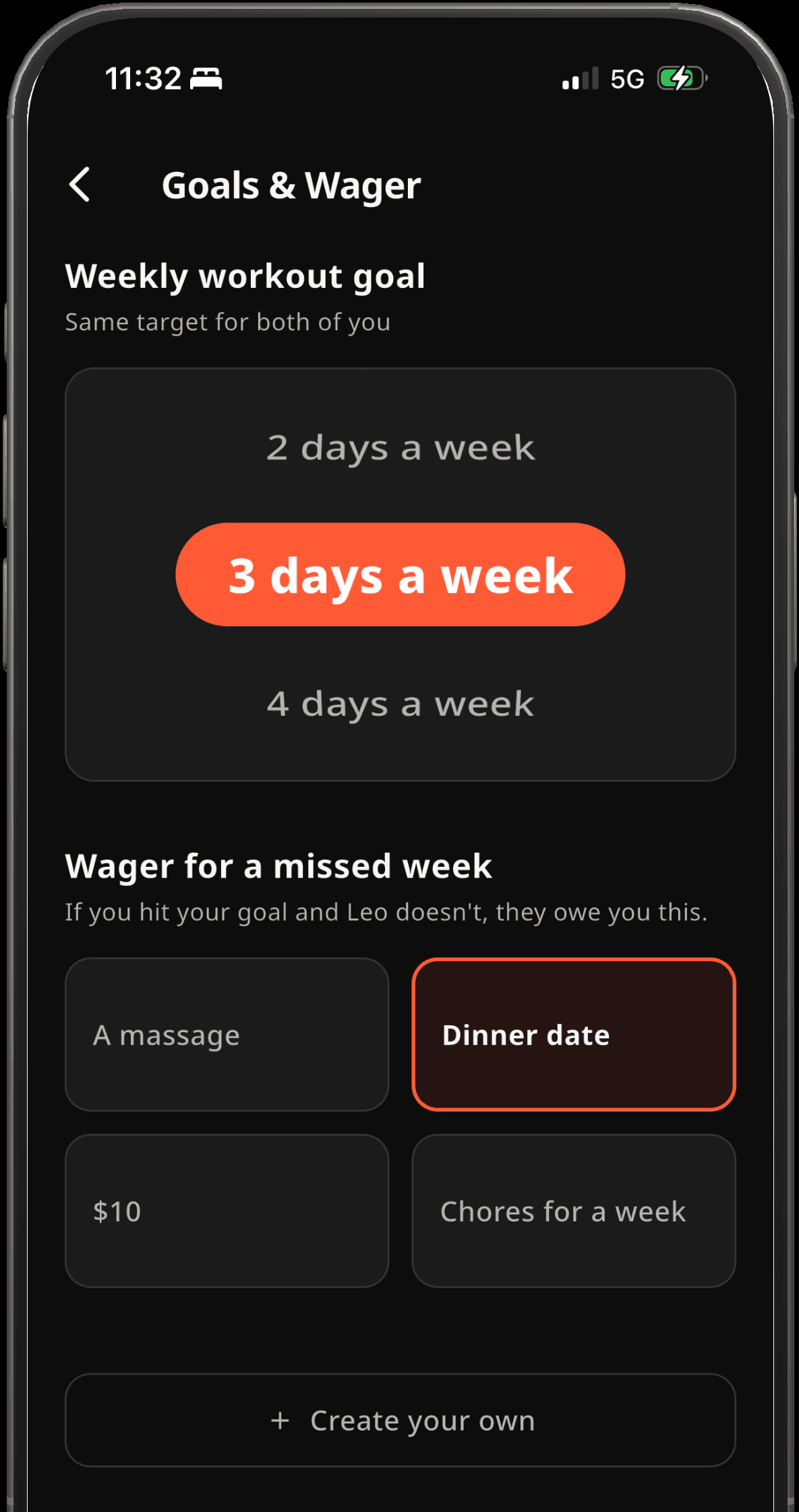 Goals and Wager screen: a weekly workout goal of three days a week, with a dinner date selected as the wager