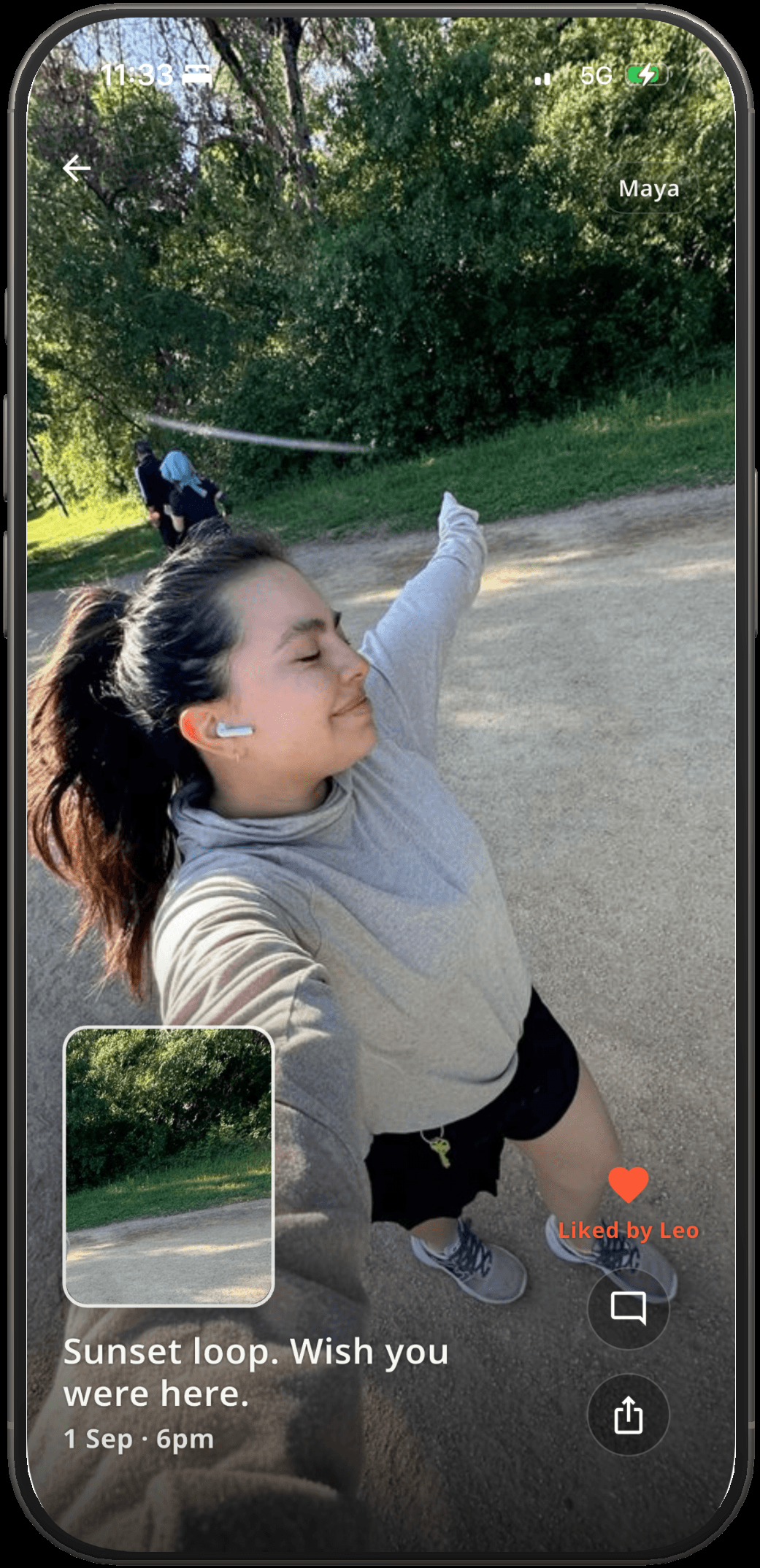 A logged workout: a selfie on a park trail with the place photo tucked into the corner, captioned Sunset loop, liked by Leo