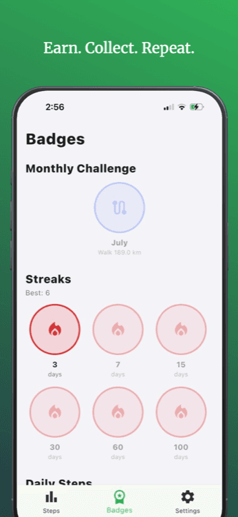 Pedometer II badges screen showing streak and challenge achievements