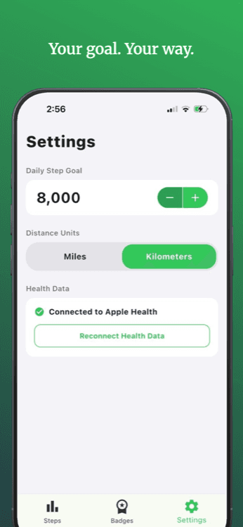 Pedometer II settings screen with daily goal and distance units