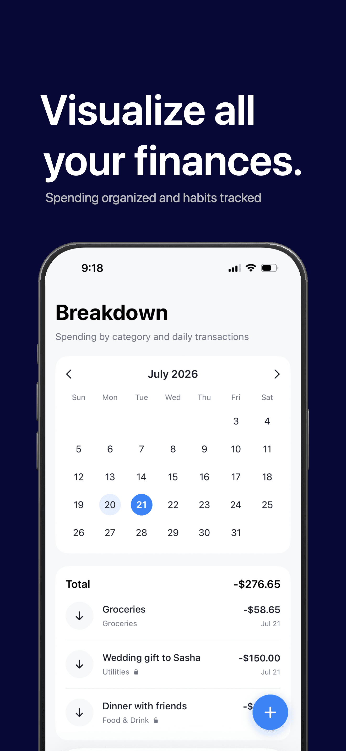 TapBudget breakdown screen showing a spending calendar and category totals