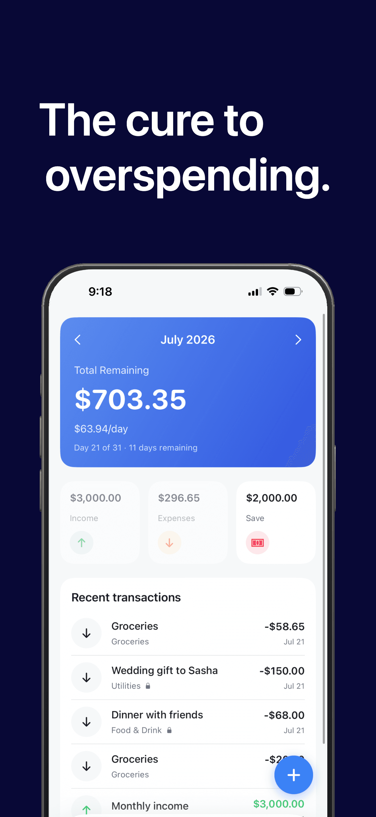 TapBudget home screen showing total remaining, safe-to-spend daily amount, and recent transactions
